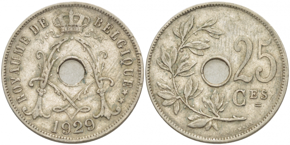 БЕЛЬГИЯ 25 САНТИМОВ 1929 BELGIQUE KM 68.1 медно-никель 4529-1113