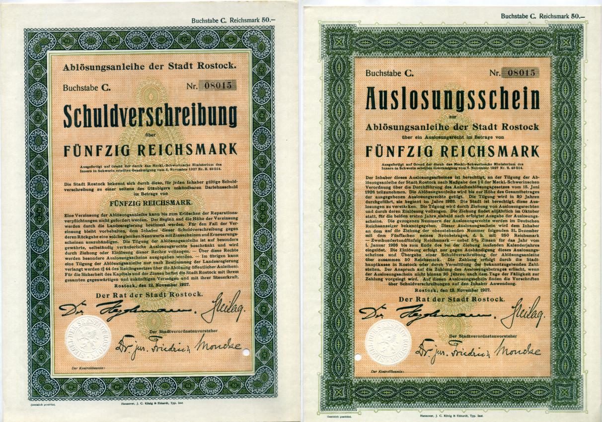 Германия облигация в 50 рейхсмарок 1927 Обязательство города Ростока. Ablösungsanleihe der Stadt Rostock. Schuldverschreibung. Гособлигация   бумага  aUNC 510-39-1