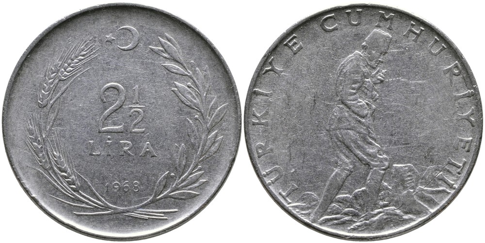 ТУРЦИЯ 2 1/2 ЛИРЫ 1968 KM 893.1 нержавеющая сталь 29-612