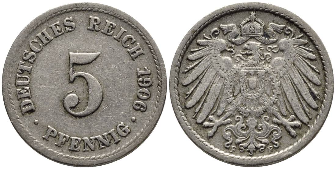 ГЕРМАНИЯ 5 ПФЕННИГОВ 1906 F KM 11, Jager 12, Weege 6 медно-никель 4547-453