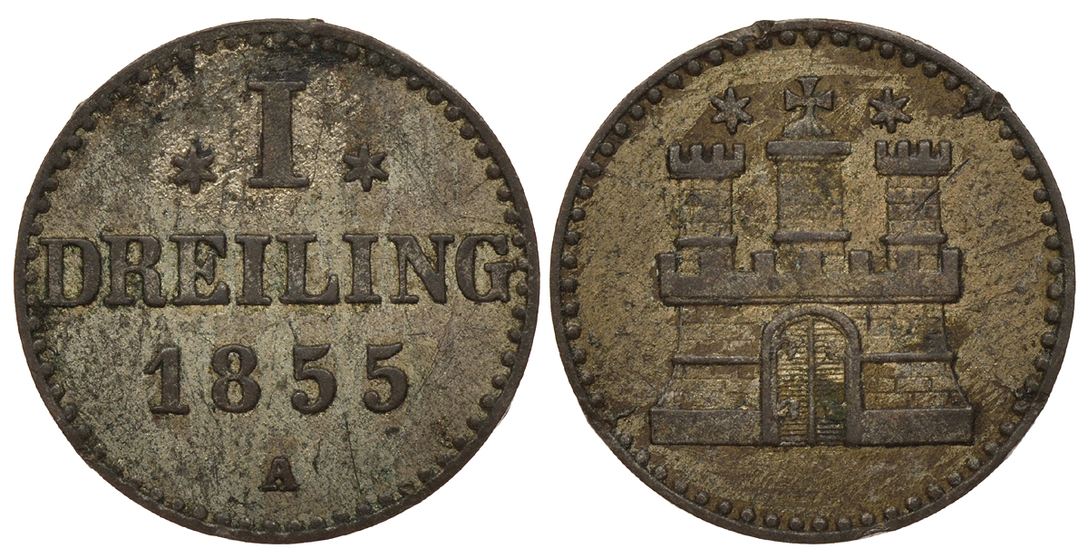 Гамбург 1 дрейлинг 1855 А KM 275 серебро 00-000-00