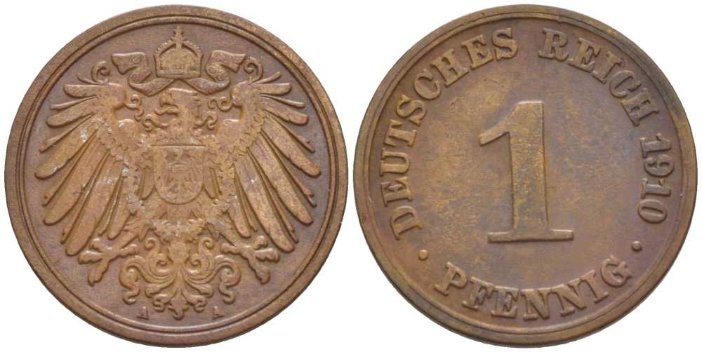 ГЕРМАНИЯ 1 ПФЕННИГ 1910 A KM 10, J. 10, Weege 2 медь 211-426