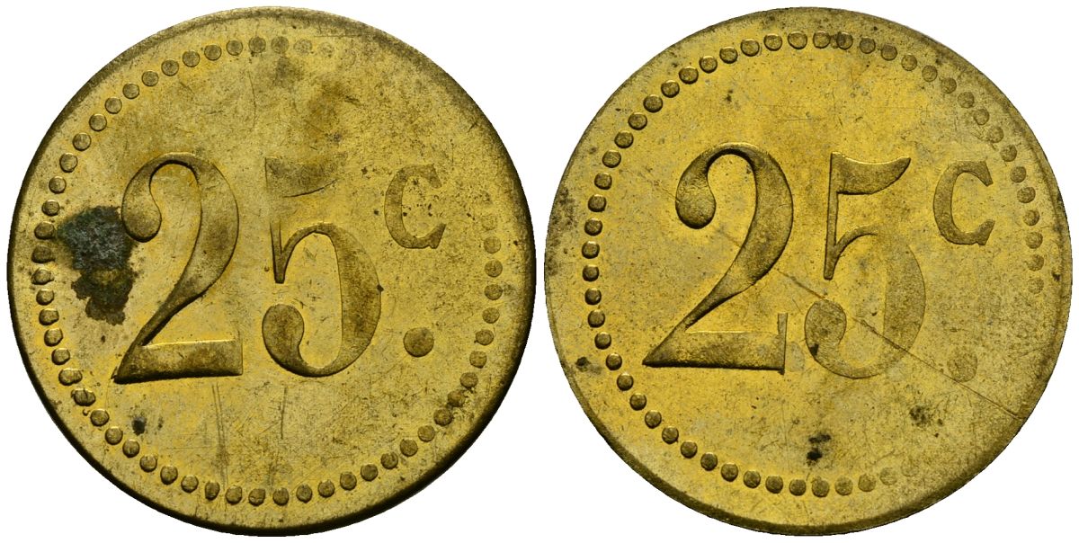 Франция 25†сантимов XIX-XX век ресторанный жетон латунь 4166-1121