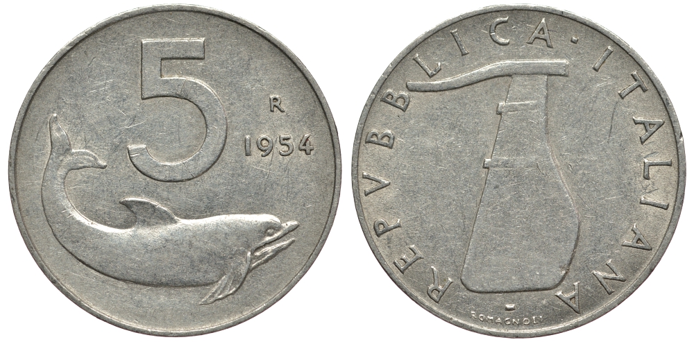ИТАЛИЯ 5 ЛИР 1954 R, РУЛЬ , ДЕЛЬФИН KM 92 алюминий 4182-117