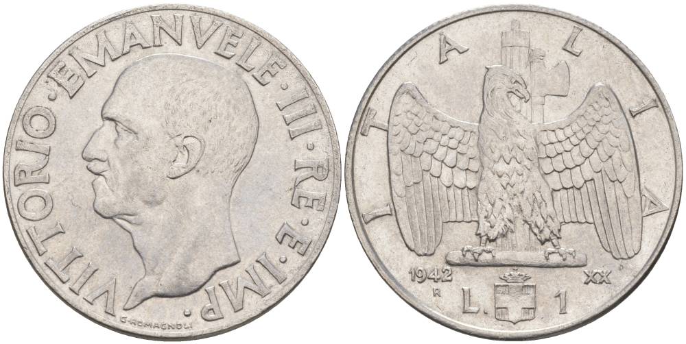 ИТАЛИЯ 1 ЛИРА 1942 R, ГОД XX, ВИКТОР ЭММАНУИЛ III (1900-1946) KM 77b, VEM3. 1102 нержавеющая сталь 3855-433