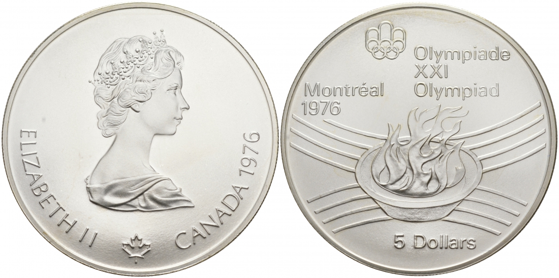 Канада 5 долларов 1976 XXI летние Олимпийские игры в Монреале 1976 года, Олимпийский огонь KM 110 серебро UNC 00-00