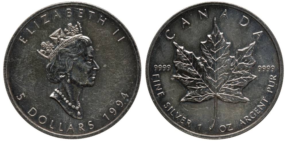 Канада 5 долларов 1994 кленовый лист KM 187 серебро UNC 00-00