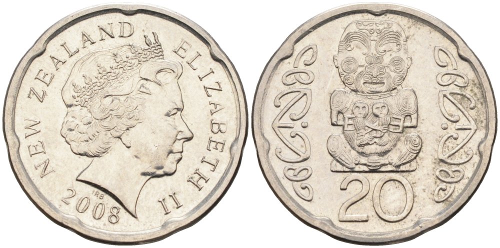 Новая Зеландия 20 центов 2008 Елизавета II (1952-2022), идол Пукаки KM 118а никелированная сталь 4579-1231