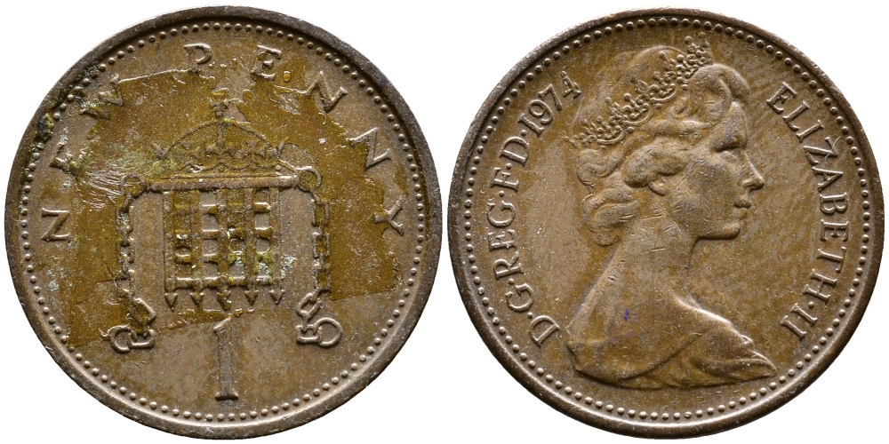 Великобритания 1 пенни 1974 Елизавета II (1952-2022) KM 915, Spink 4237 (B1) бронза 4387-656