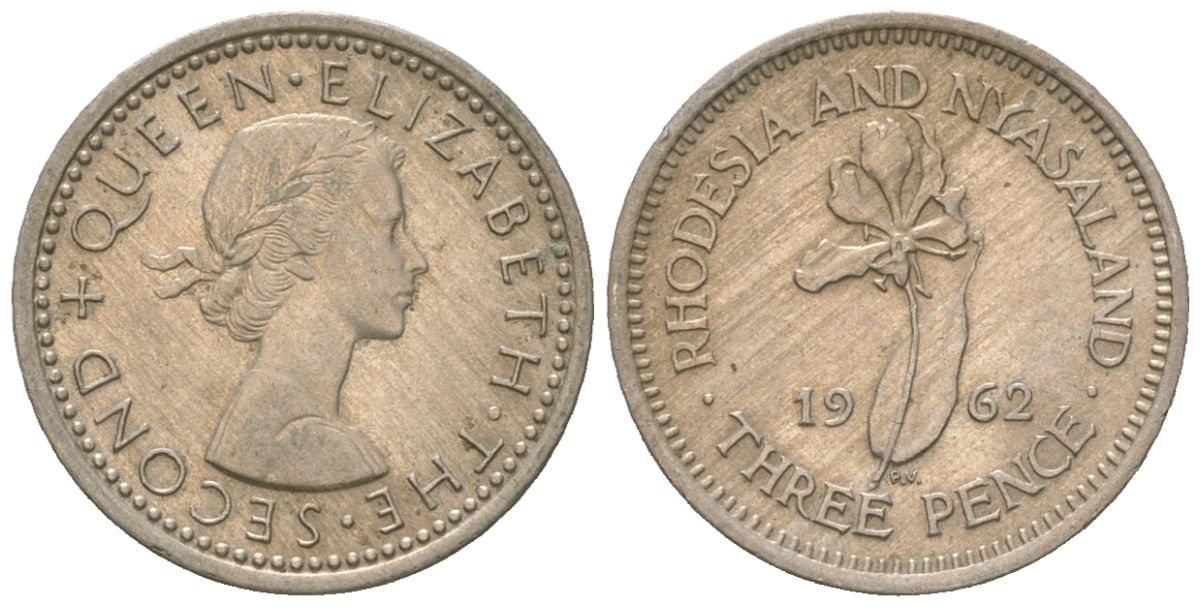 Родезия и Ньясаленд 3 пенса 1962 Елизавета II (1952-2022) KM 3 медно-никель UNC 4617-128