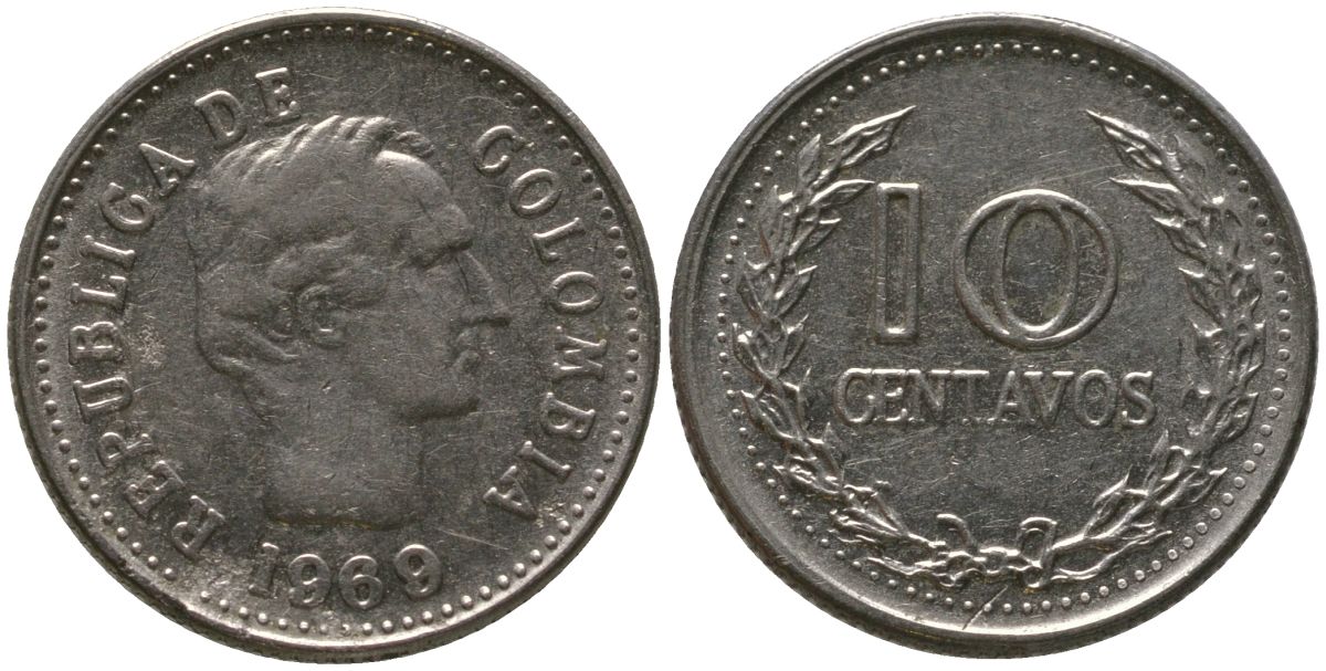 Колумбия 10 сентаво 1969 KM 236 сталь плакированная никелем 4576-1112