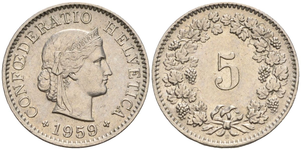 Швейцария 5 раппенов 1959 B KM 26 медно-никель 4608-447