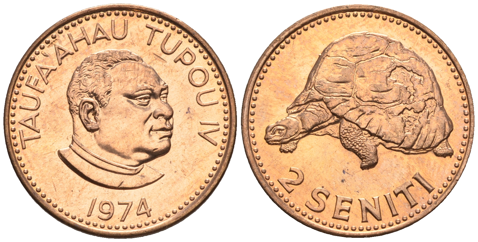 Тонга 2 сенити 1974 король Тауфа’ахау Тупоу IV (1967-2006), черепаха KM 28 бронза  UNC  220-1157