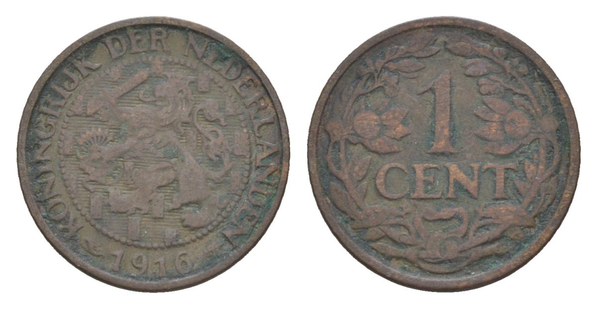 Нидерланды 1 цент 1916 Вильгельмина (1890-1948) KM 152 бронза 75-144