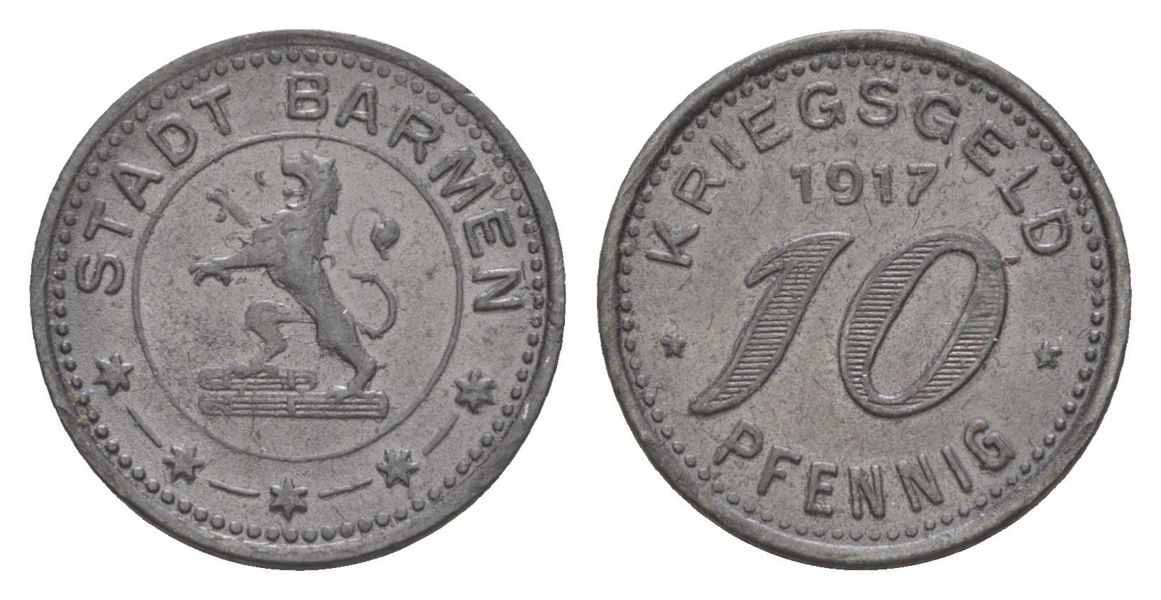 Бармен 10 пфеннигов 1917 Funck 30.1, Men05 1453.1, Men18 1851.1 цинк 4636-1144