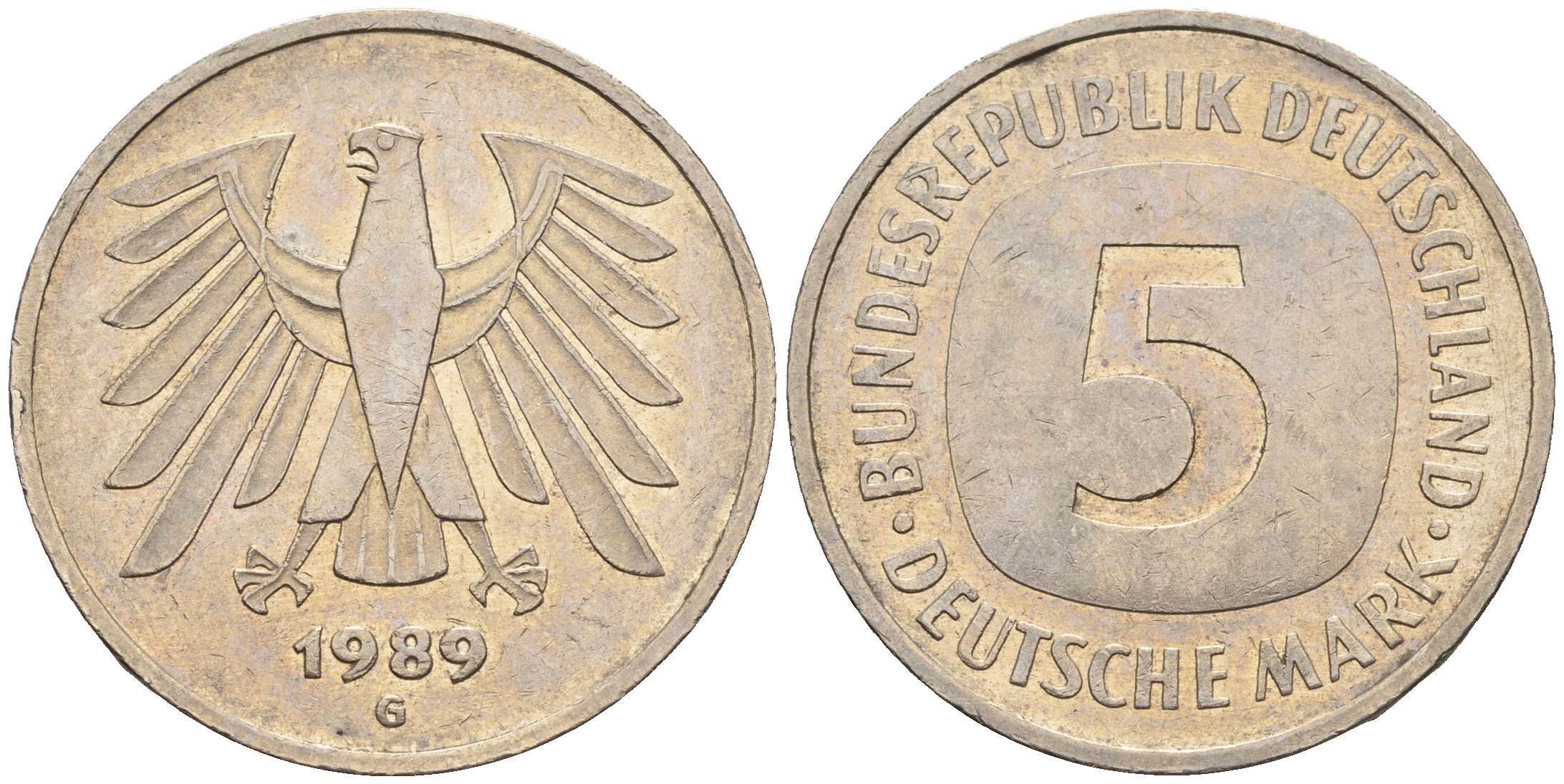 ФРГ 5 марок 1989 G, KM 140.1 , J 415 медно-никель плакированный никелем 85-1154