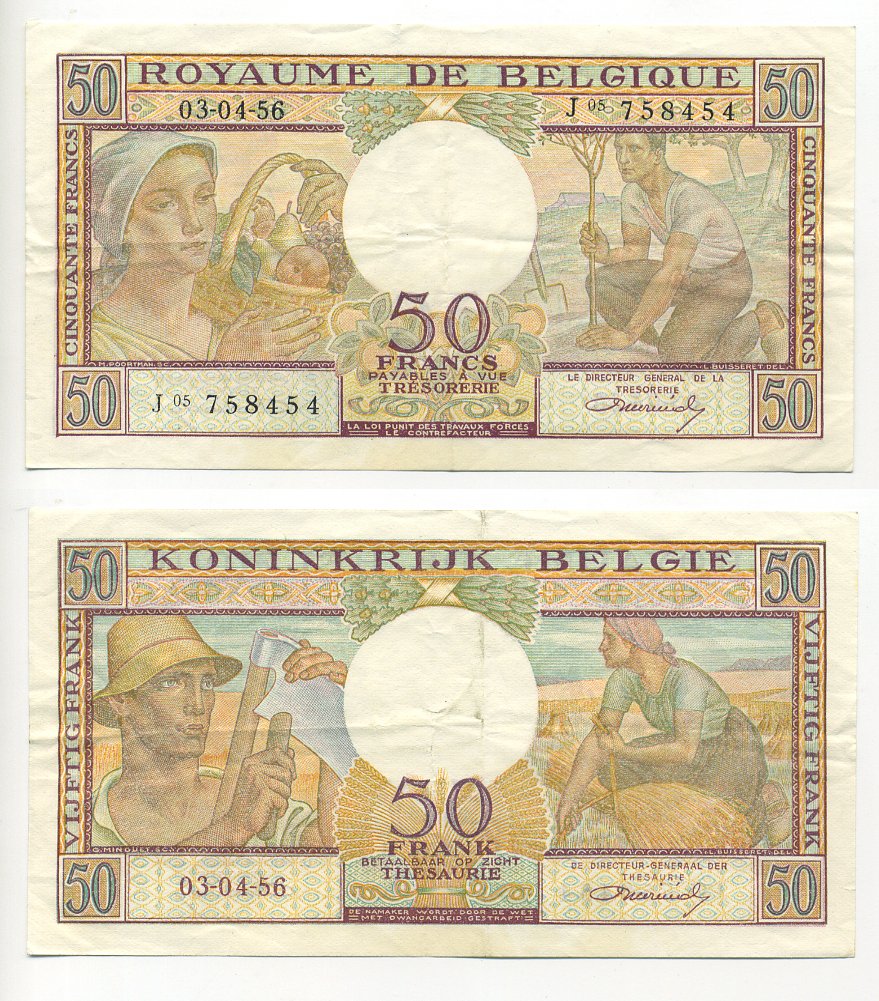 БЕЛЬГИЯ 50 ФРАНКОВ 1956 Pick 133b бумага 6301-26-2