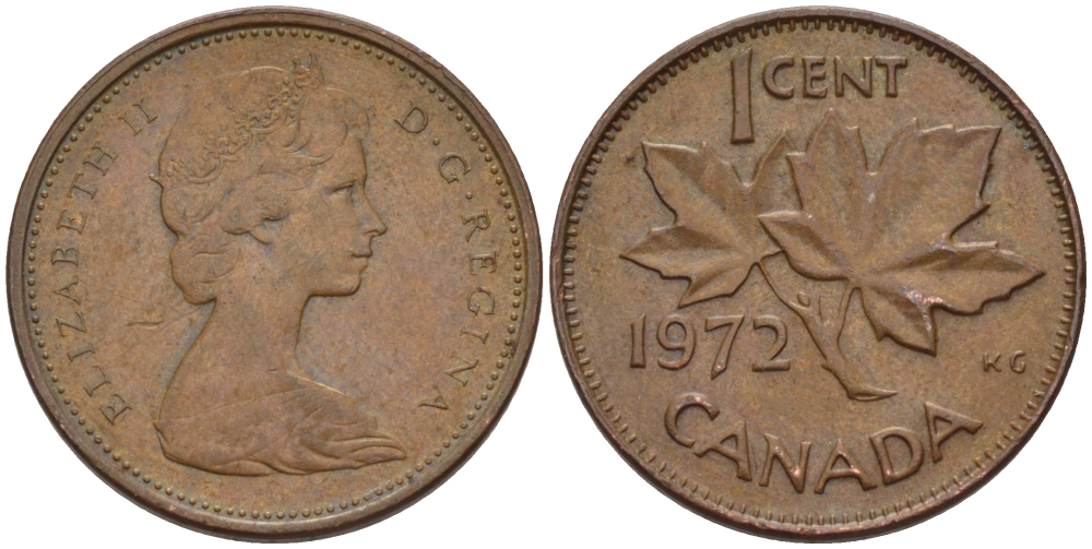 Канада 1 цент 1972 Елизавета II (1952-2022), кленовый лист KM 59.1 бронза 261-1143