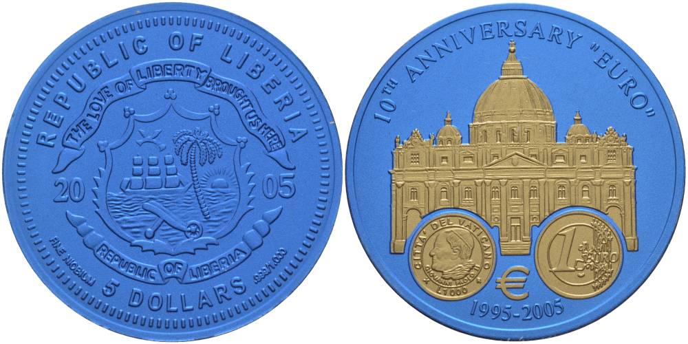 Либерия 5 долларов 2005 10 лет евро, страны еврозоны, Ватикан, с сертификатом, би-колор (два цвета), вес 7,78 гр., диаметр 35 мм.  ниобий  UNC  1081-7-62