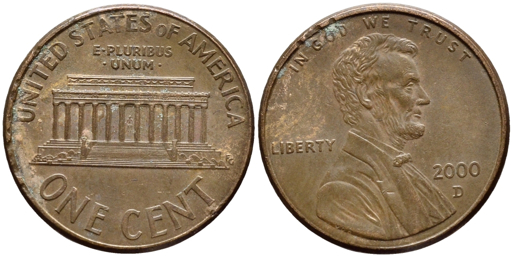 США 1 ЦЕНТ 2000 D, ЛИНКОЛЬН KM 201b цинк плакированный медью 4396-458