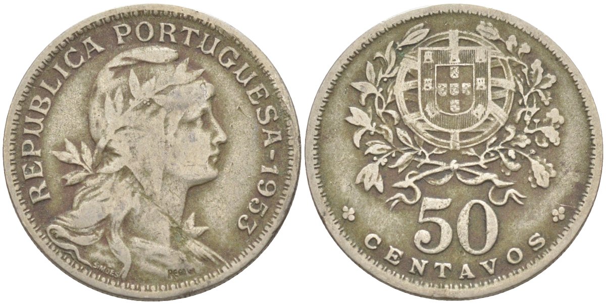 Португалия 50 сентаво 1953 голова Свободы вправо KM 577 медно-никель 219-847