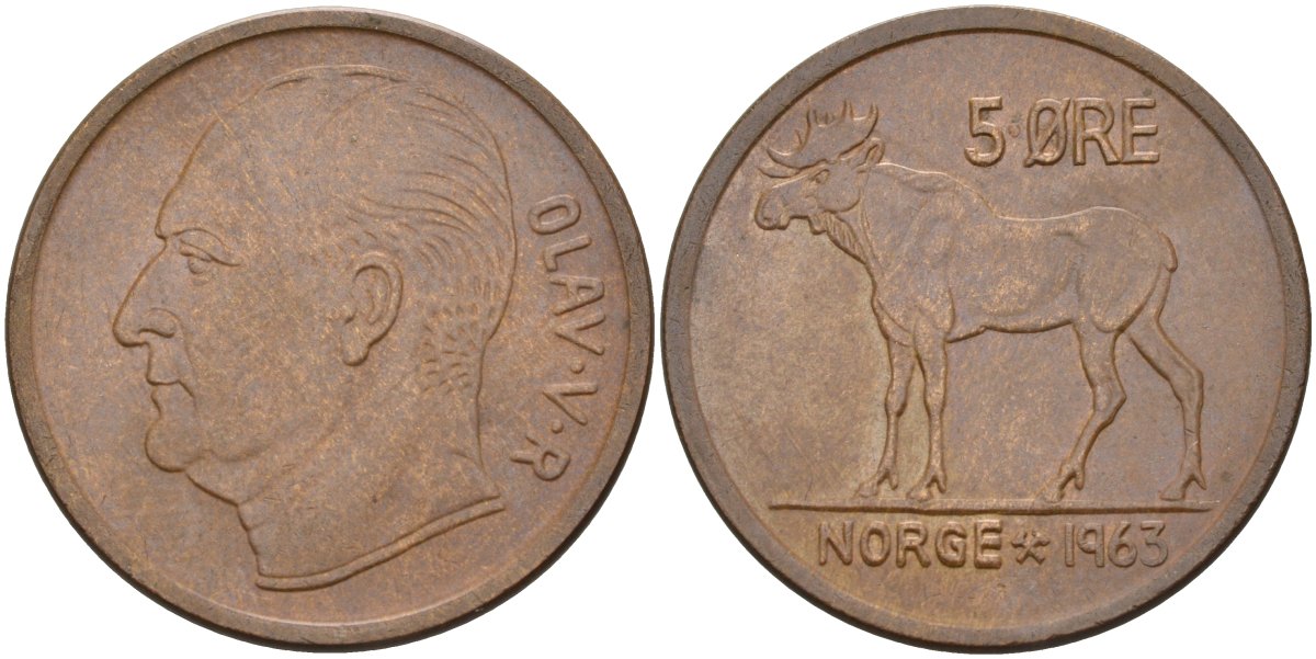 Норвегия 5 эре 1963 лось, Улаф V (1958-1991) KM 405 бронза UNC 4557-1241