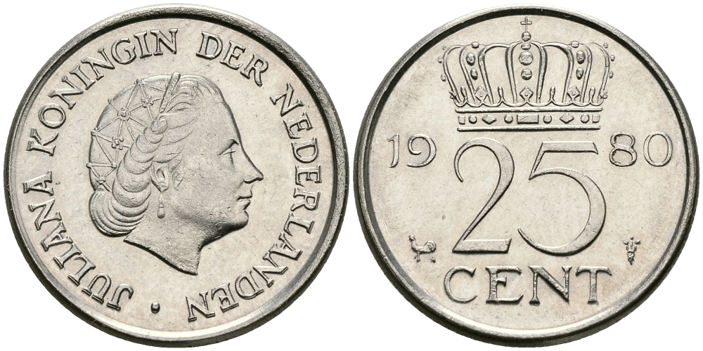 НИДЕРЛАНДЫ 25 ЦЕНТОВ 1980 ЮЛИАНА KM 183 никель 96-256