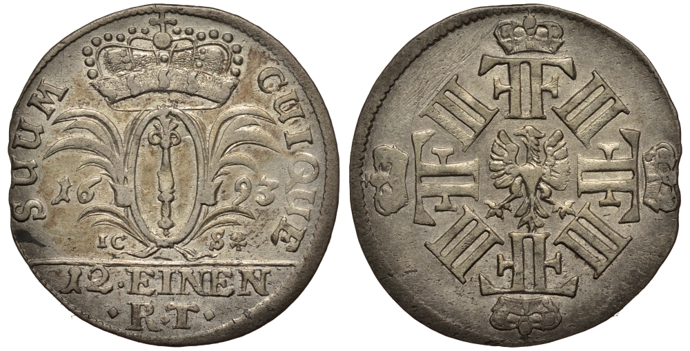 Бранденбург-Пруссия 1/12 талера 1693 ICS, Фридрих III (1688-1701), вес 3,52 гр. KM 582, v. Schrotter 546 серебро 633-1413
