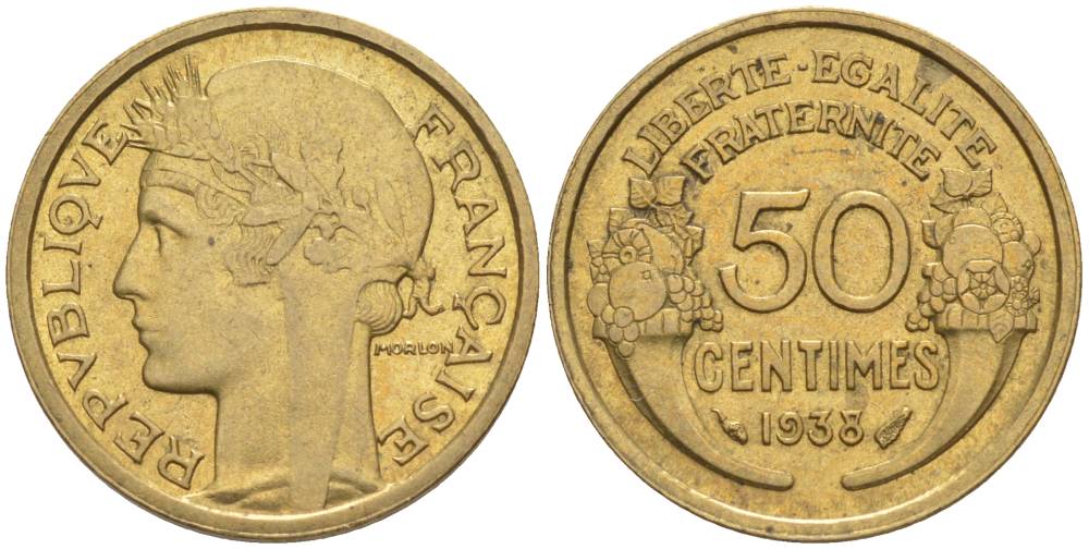 ФРАНЦИЯ 50 САНТИМОВ 1938 ТИП MORLON KM 894.1, LE FRANC 192.14 алюминиевая бронза 44-748