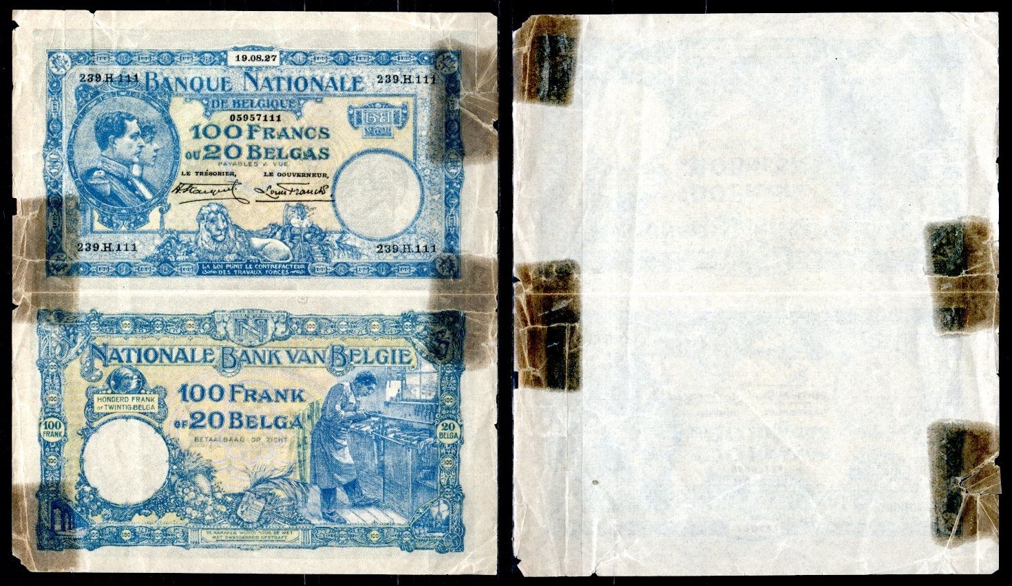 Бельгия 1 франк 1927 использовалась как рекламная банкнота Pick 102 бумага 451-1139-2