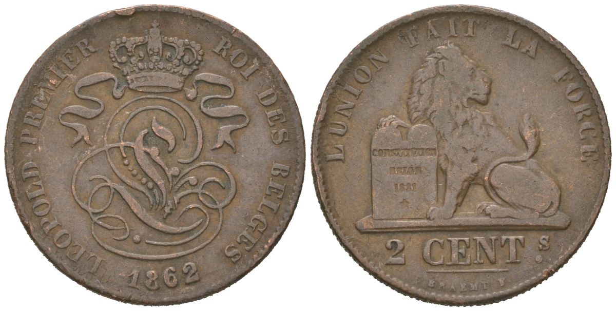 Бельгия 2 сантима 1862 Леопольд I (1831-1865) KM 4.2 медь 4615-654