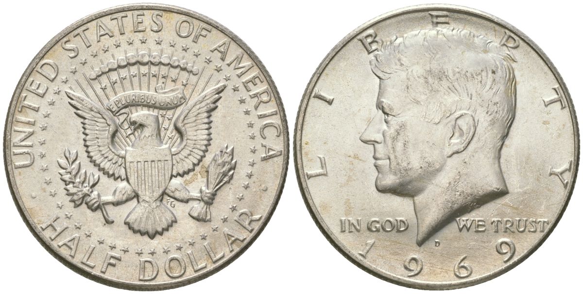 США 1/2 доллара (50 центов) 1969 D, Джон Кеннеди KM 202a серебро UNC 221-1026