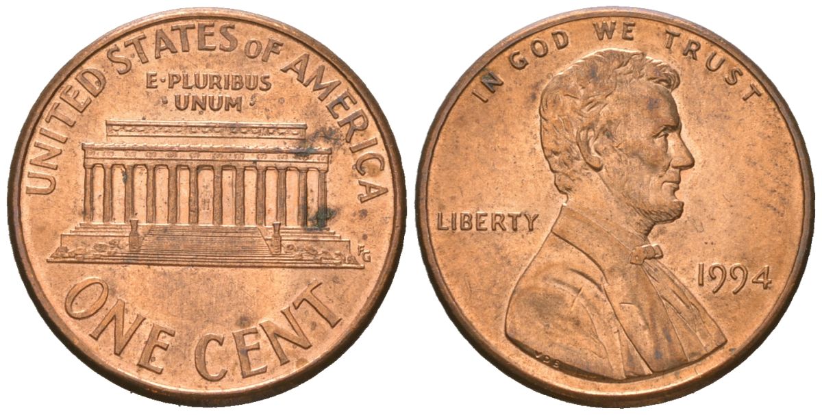 США 1 цент 1994 Авраам Линкольн KM 201b цинк плакированная медью aUNC 220-1135