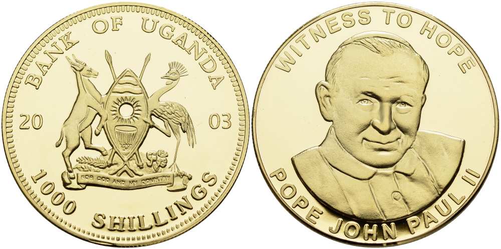 Уганда 1000 шиллингов 2003 папа Иоанн Павел II, "witness to hope", свидетель надежды, серебрение KM 240 латунь  PROOF 1088-4-51
