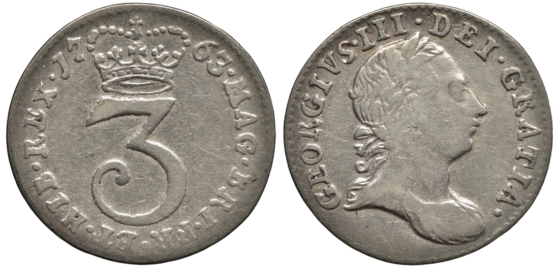 Великобритания 3 пенса 1763 Георг III (1760-1820) KM 591, Spink 3753 серебро 1523-1222