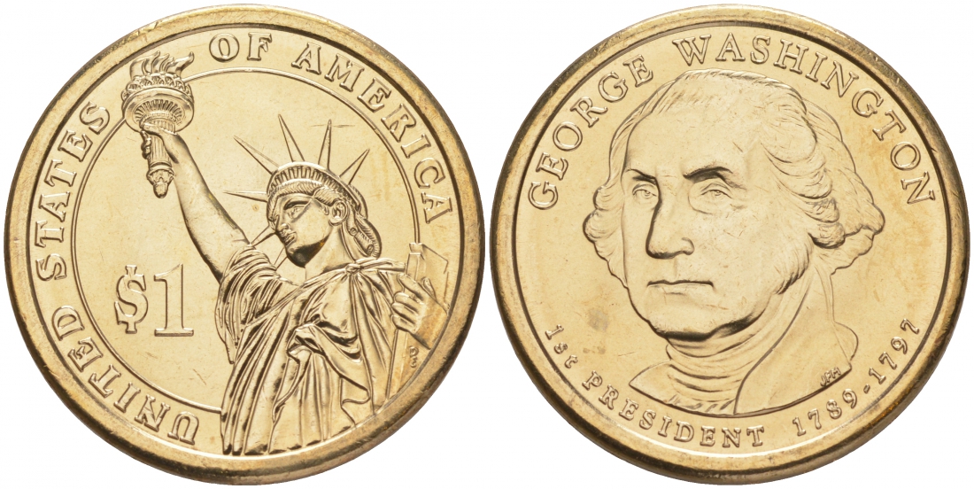 США 1 доллар 2007 P, серия президенты США, Джордж Вашингтон (1789-1797), из ролла KM 401 медь с марганцево-латунным покрытием UNC M25-02