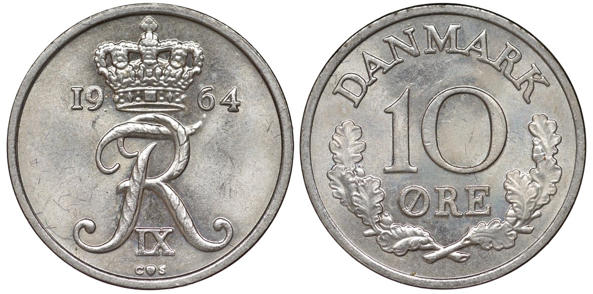 Дания 10 эре 1964 C; S, Фредерик IX (1947-1972) KM 849.1 медно-никель 4174-169