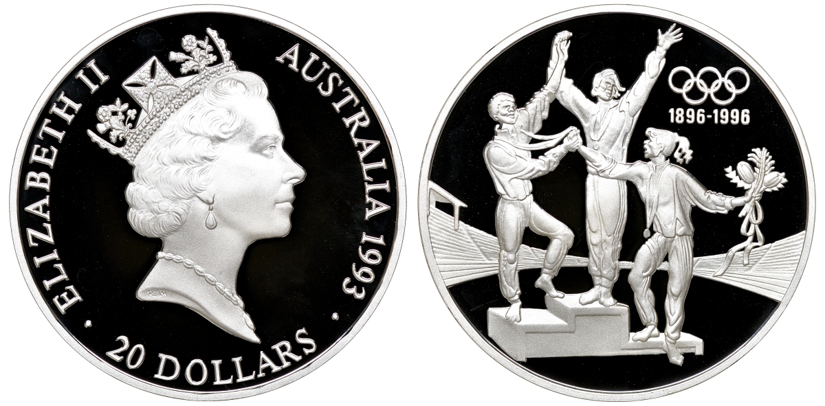 Австралия набор из 3 монет - 200 долларов и 2 по 20 долларов 1993 100 лет Олимпийскому движению KM 218, 219, 220 золото, серебро PROOF 4-3-4-16