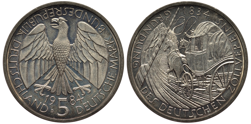 ФРГ 5 марок 1984 D, 150 лет основания немецкого таможенного союза KM 160, J.435 медно-никель плакированный никелем UNC 1520-1345