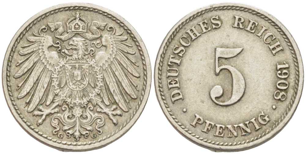 Германия 5 пфеннигов 1908 G KM 11, Jager 12, Weege 6 медно-никель 105-136