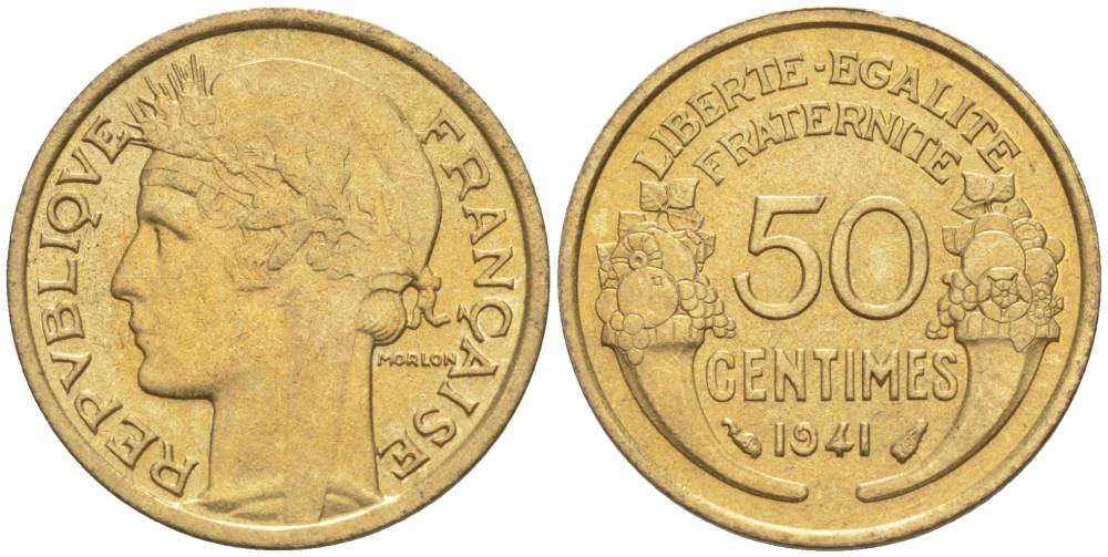 ФРАНЦИЯ 50 САНТИМОВ 1941 ТИП MORLON KM 894.1, LE FRANC 192.18 алюминиевая бронза 44-551