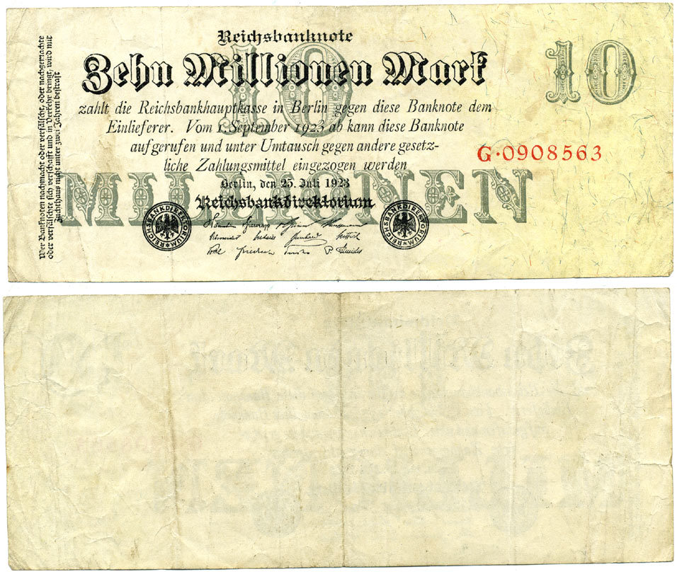 ГЕРМАНИЯ 10000000 МАРОК 1923 Pick 96 бумага 6301-42-3