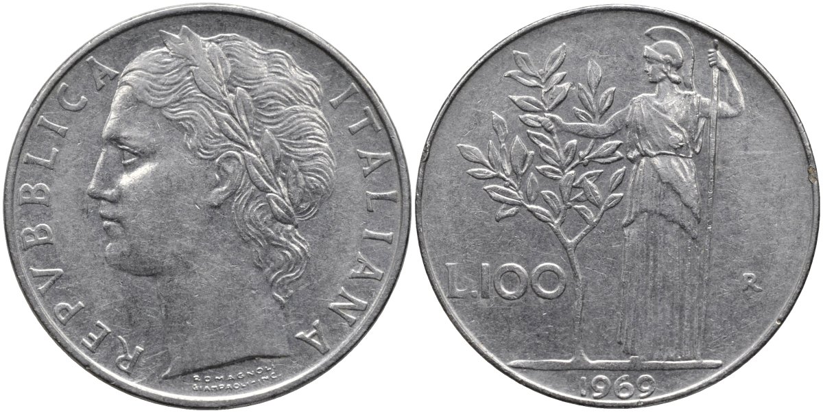 Италия 100 лир 1969 R, Афина в доспехах KM 96.1 нержавеющая сталь 4165-215