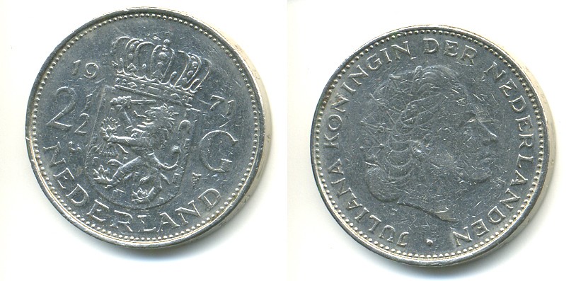 НИДЕРЛАНДЫ 2 1/2 ГУЛЬДЕНА 1971 ЮЛИАНА (1948-1980) KM 191 никель 84-1311