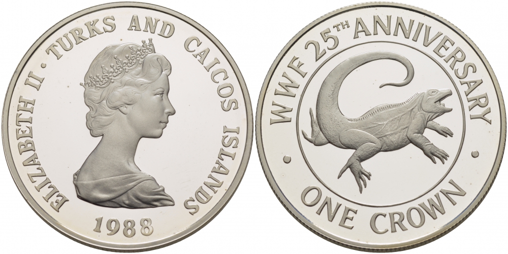 Теркс и Кайкос 1 крона 1988 серия 25 лет защиты окружающей среды, игуана КМ 64 a серебро PROOF 00-000-00