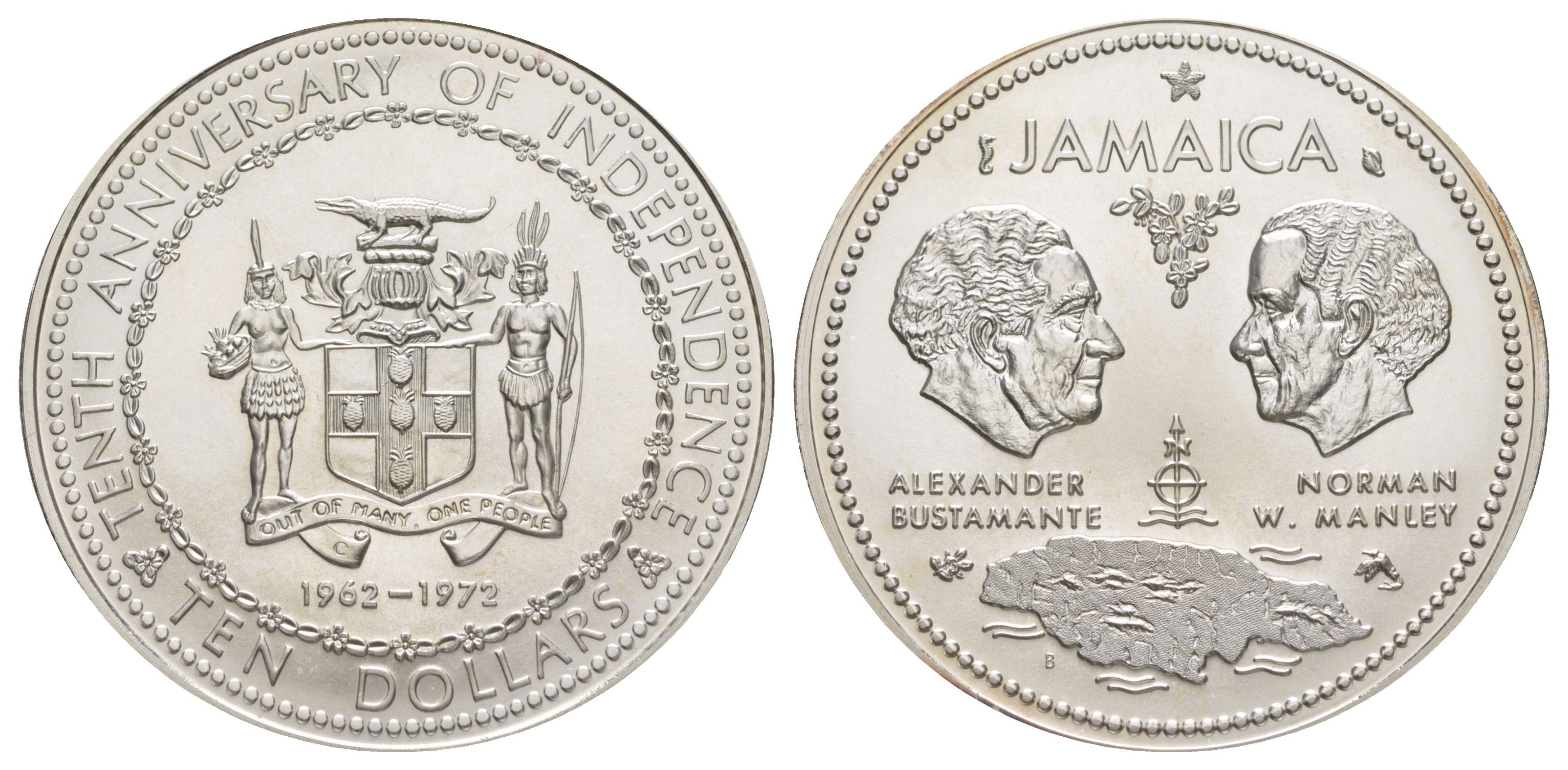 Ямайка 10 долларов 1972 10 лет независимости KM 60 серебро BU 1083-2-14