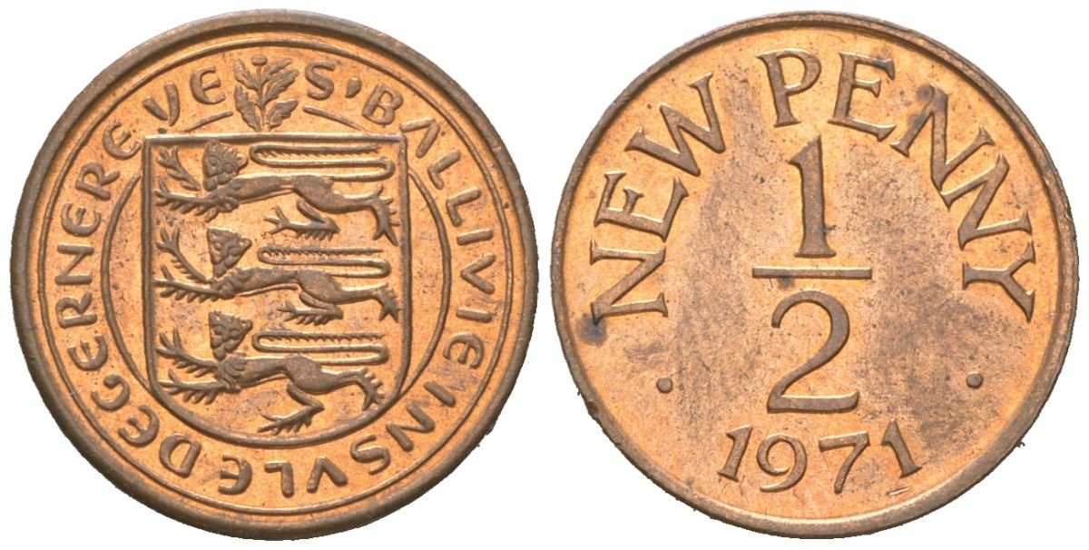 Гернси 1/2 нового пенни 1971 Елизавета II (1952-2022), герб KM 20 бронза aUNC 4392-617