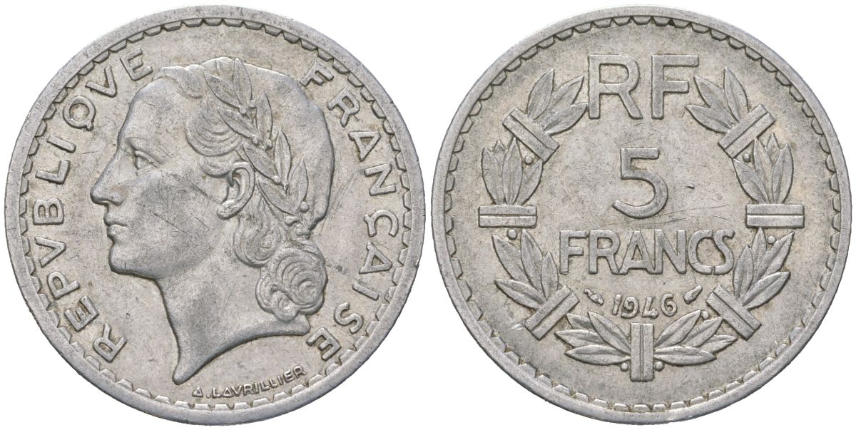 Франция 5 франков 1946 открытая 9 KM 888b.1, Le Franc 339 алюминий 4607-912