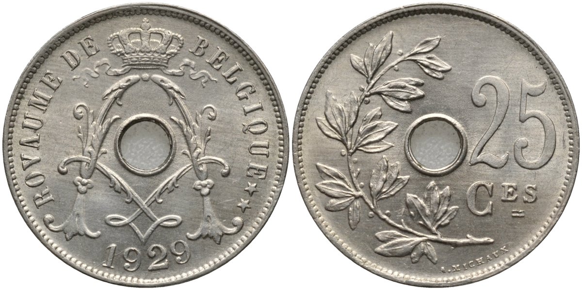 Бельгия 25 сантимов 1929 BELGIQUE KM 68.1 медно-никель UNC 4171-653