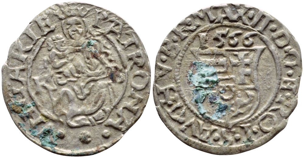 Венгрия 1 денар 1566 КВ, Максимилиан II Габсбург (1564-1576), мадонна с младенцем  серебро    1530-341